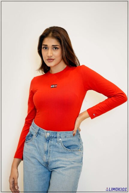 Red Full-Sleeve Fitted Top