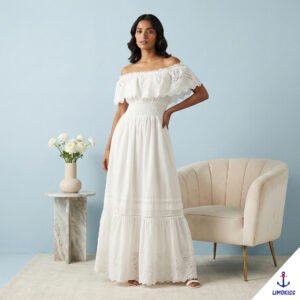 Off Shoulder Eyelet Maxi Dress | White Cutlone Summer Fashion | Limokiss