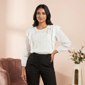 White Ruffle Trim Eyelet Blouse | Premium Women's Tops | Limokiss