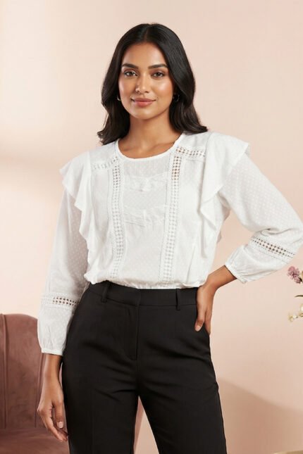 White Ruffle Trim Eyelet Blouse | Premium Women's Tops | Limokiss