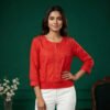Red Lace Trim Eyelet Blouse | Premium Women's Tops | Limokiss