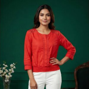 Red Lace Trim Eyelet Blouse | Premium Women's Tops | Limokiss